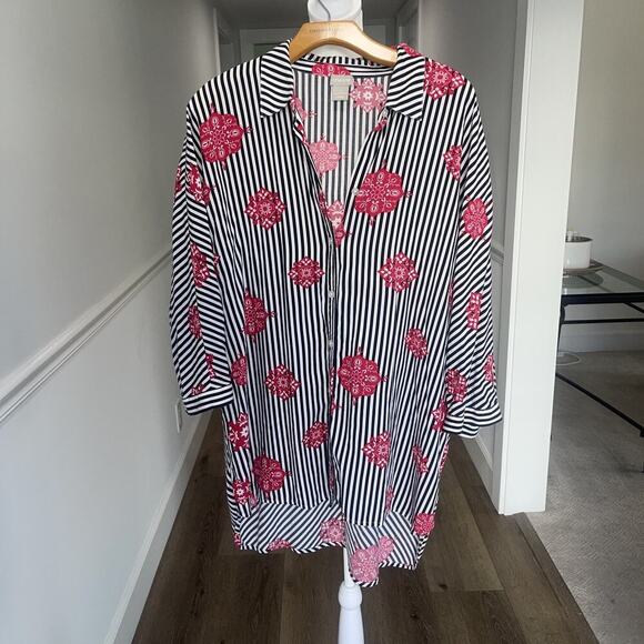 Chicos Sz 3 XL Black White Stripe Button Up Shirt Tunic Blouse Classic Rose Red - Picture 1 of 11